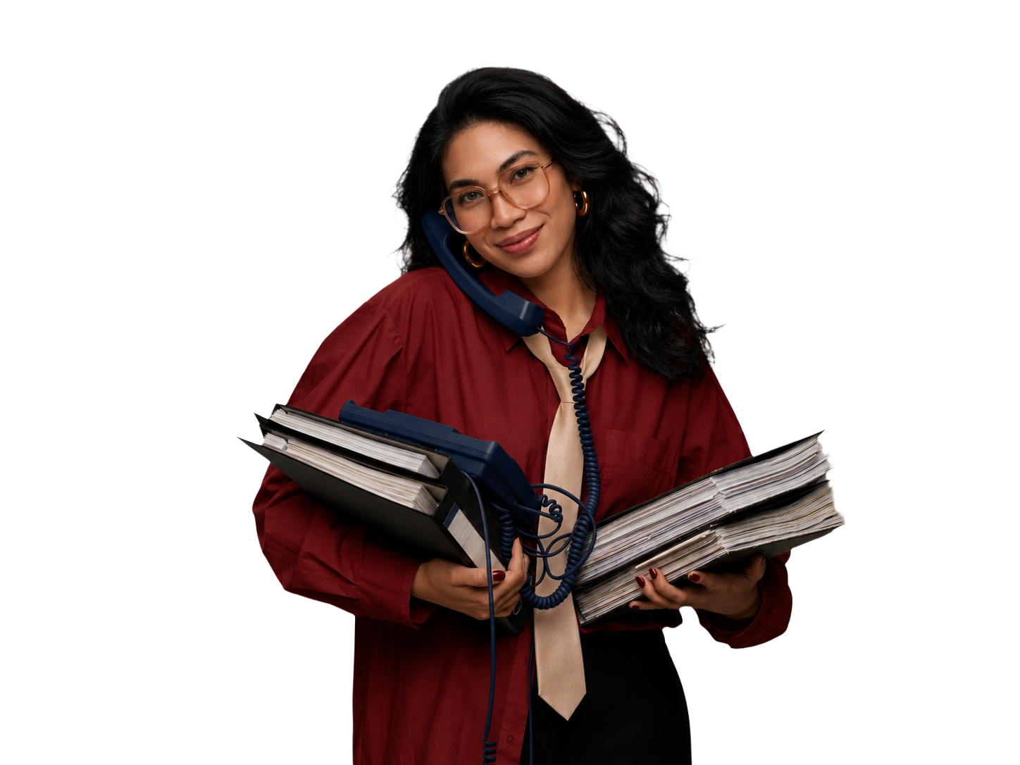 Ailene Tungala Tugna holding files and a telephone